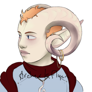 pale tiefling with curled horns