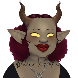 brown tiefling with a round face and curly hair