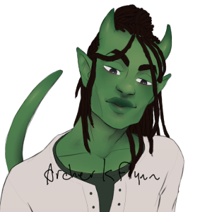 green tiefling with locs and sharp features